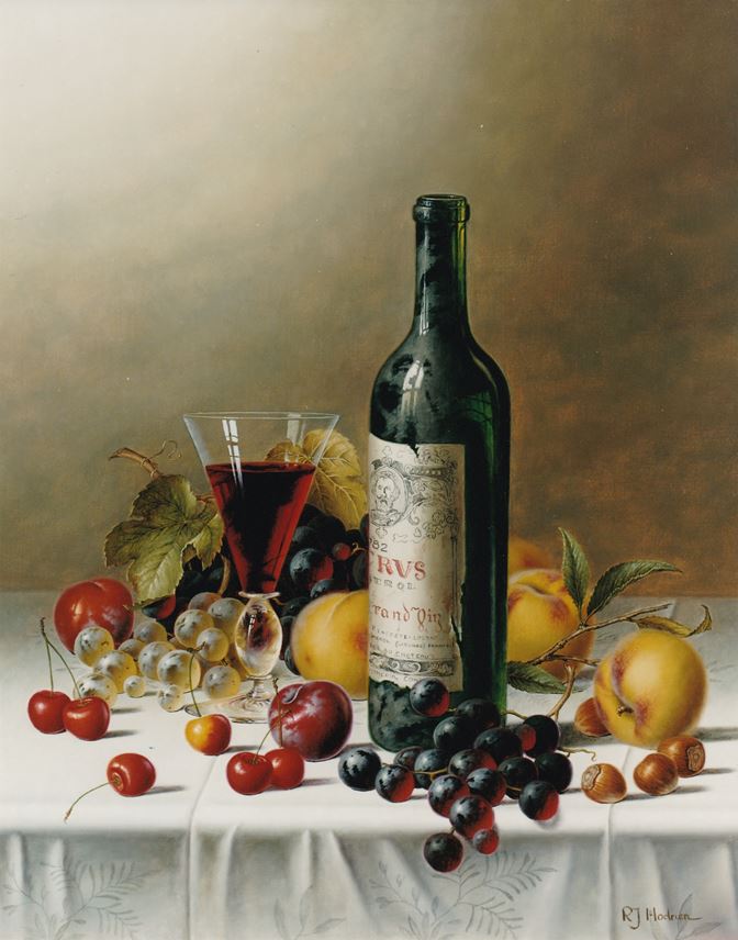 Roy Hodrien - Still Life with Ch. Petrus and Fruit on a Tablecloth | MasterArt